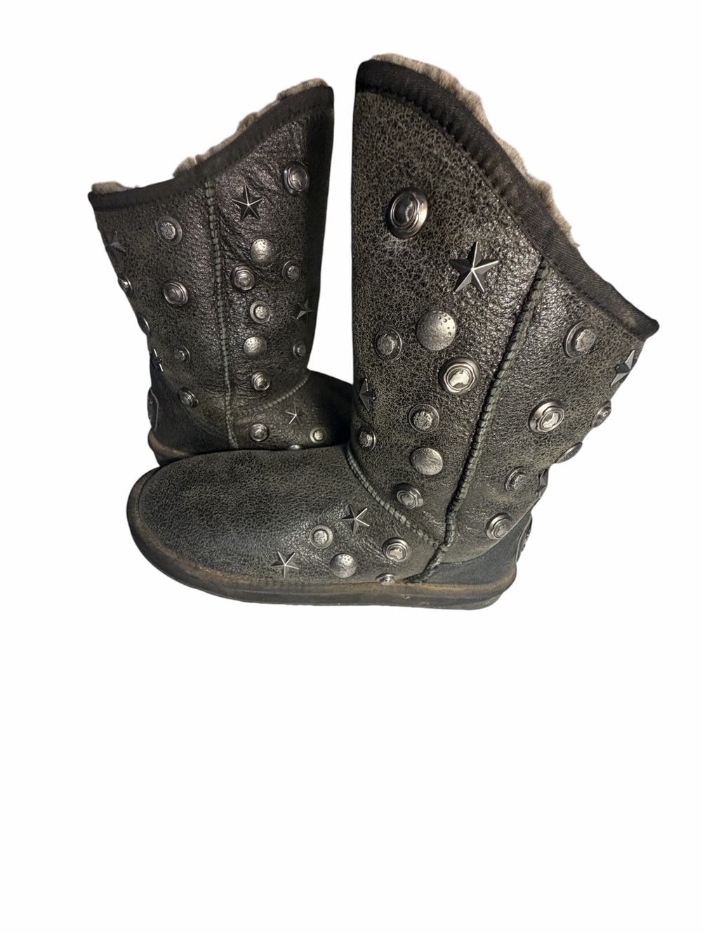 Australia Luxe Angel Studded Metallic Grey Sheepskin Fur Boots Womens 11